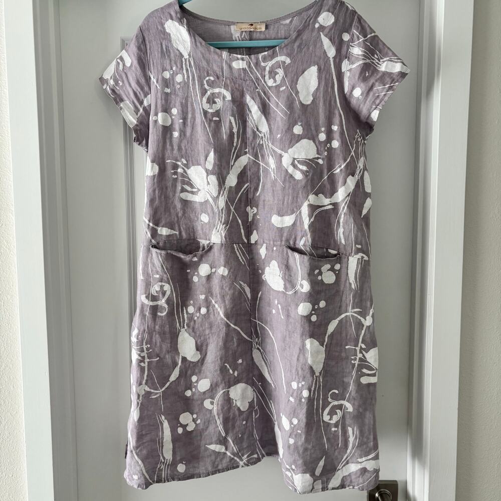 Lands Downunder Lavender Purple and White Floral 100% Linen Dress Size XL